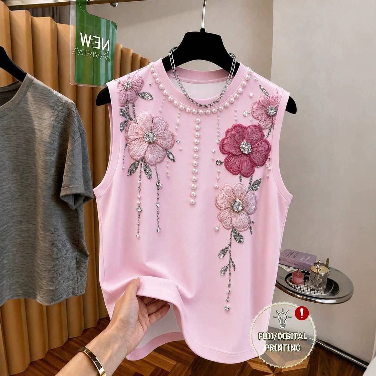 Cross-border Supply for Europe and America Summer Elegant Imitation Beaded Floral Print Casual Sleeveless T-Shirt Vest Top for Women