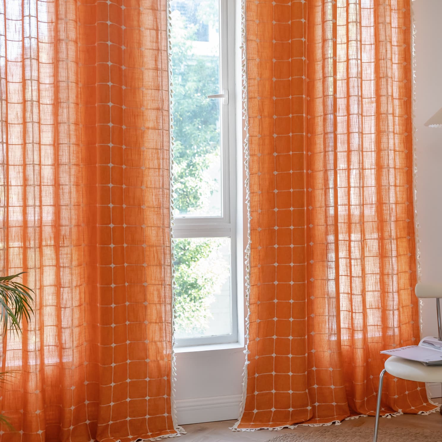 Cross-Border Hot-Selling Thick Linen Checkered Curtains, Color-Block Ready-Made Fabric Curtains for Living Room and Balcony