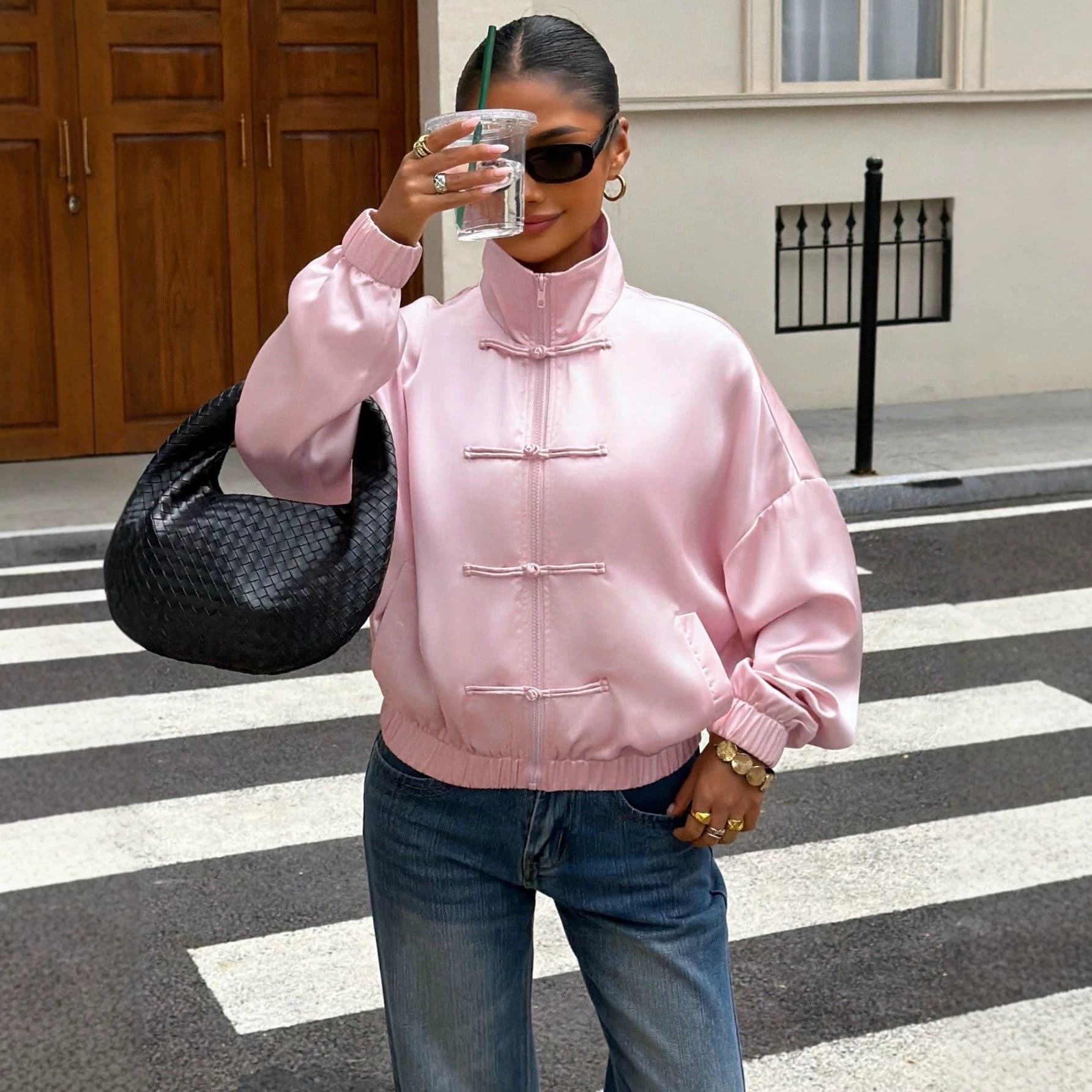 New Chinese style pink plate button stand collar satin sweatshirt for women Chinese Tang suit zippered sleeves loose short style Chinese style