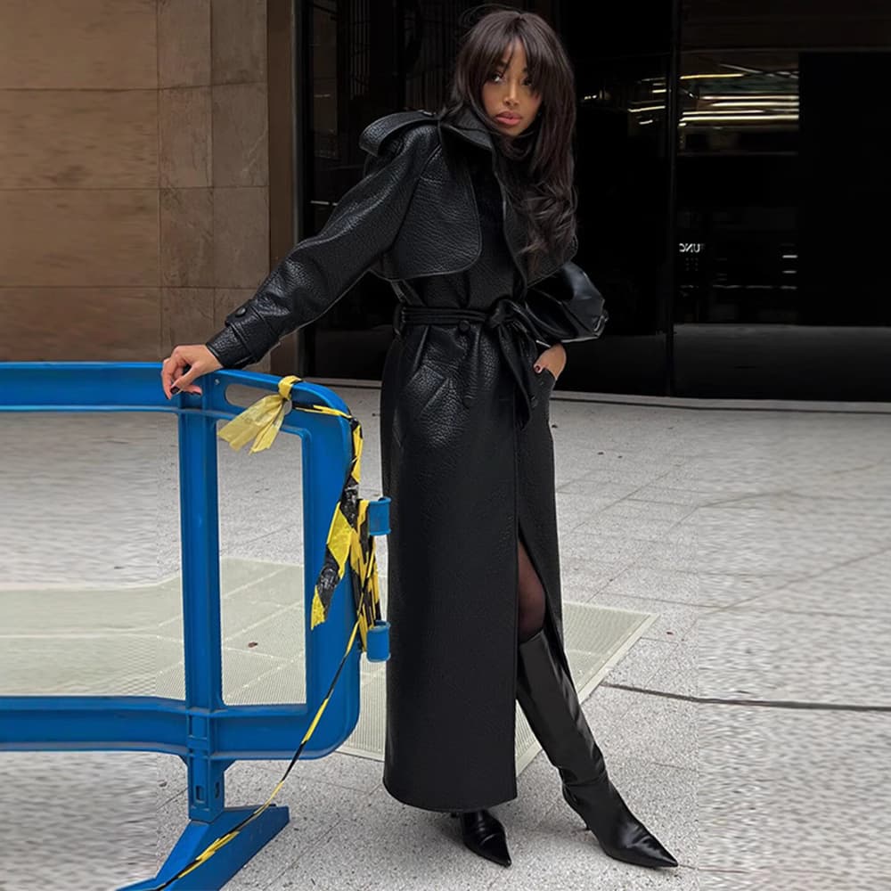 Spring 2025 New Amazon Cross-border Europe and America Long Textured Leather Casual Fashion Coat with Belt
