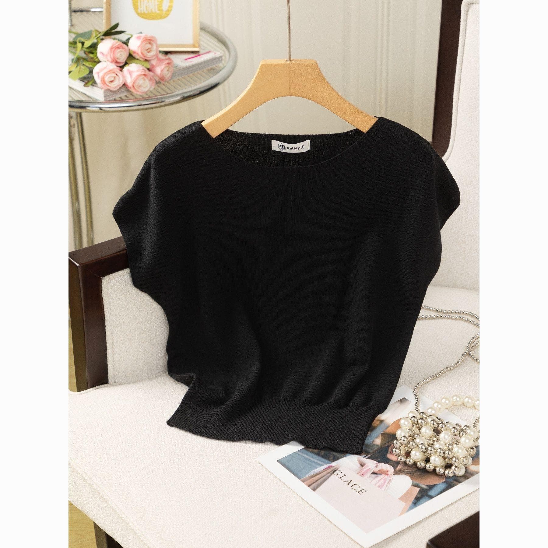 Summer ice silk sweater short-sleeved women's thin round neck slim waist slimming solid color versatile bottoming top new style