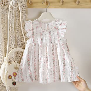 Summer 2026 New Girls Dress Cloud Cotton Small Flutter Sleeve Sweet Dress Korean Style Comfortable Floral Dress