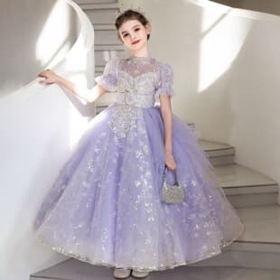 Purple Girl's Birthday Dress 2026 New Light Luxury Princess Gown for Kids Host Piano Performance Costume