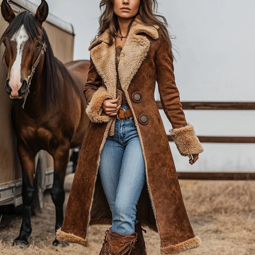 Cross-border European and American Denim Women's Western Retro Trench Coat Furry Autumn Winter Fashion Warm Outerwear