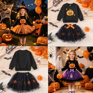 2026 European-American Style Halloween Set Cartoon Pumpkin Long Sleeve Sweatshirt + Double Layer Mesh Ghost Skirt