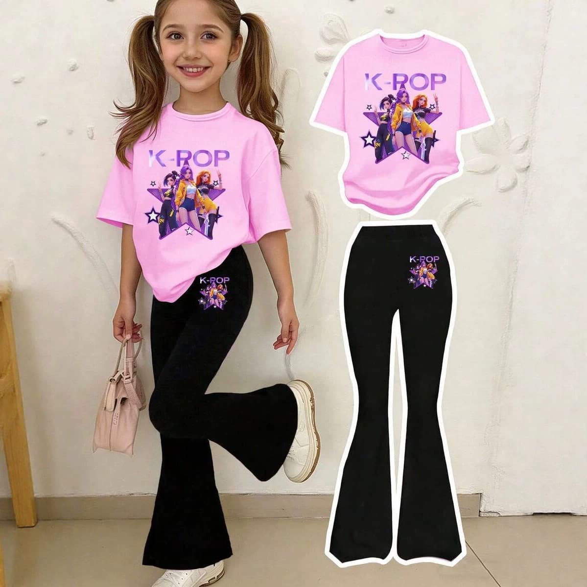 Summer New Fashion Girls Digital Print Short Sleeve T-Shirt and Flared Pants Two-Piece Set