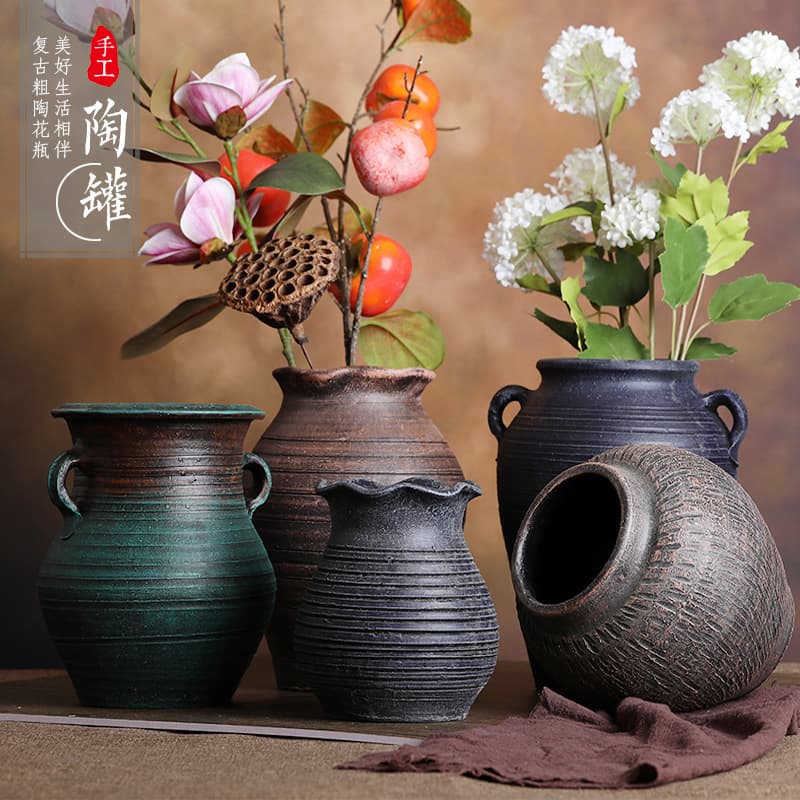 Rustic Ceramic Flower Pot Large Diameter Jar Vintage Zen Vessel Pottery Dry Flower Simple Handmade Distressed Living Room Decor