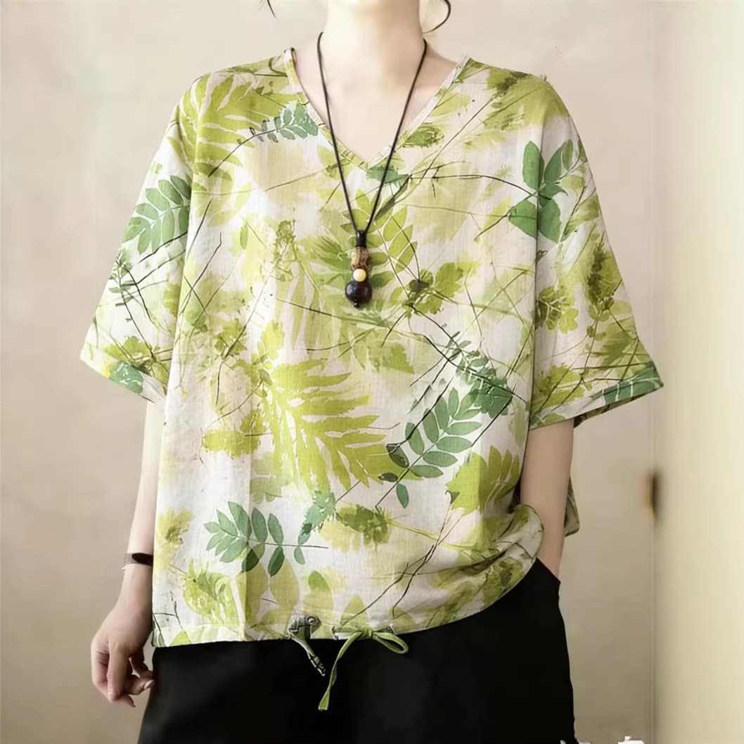 Amazon Summer Cross-Border Printed Short-Sleeved T-Shirt V-Neck Cotton and Linen Loose Plus-Size Women's Top T-Shirt Cotton and Linen Shirt