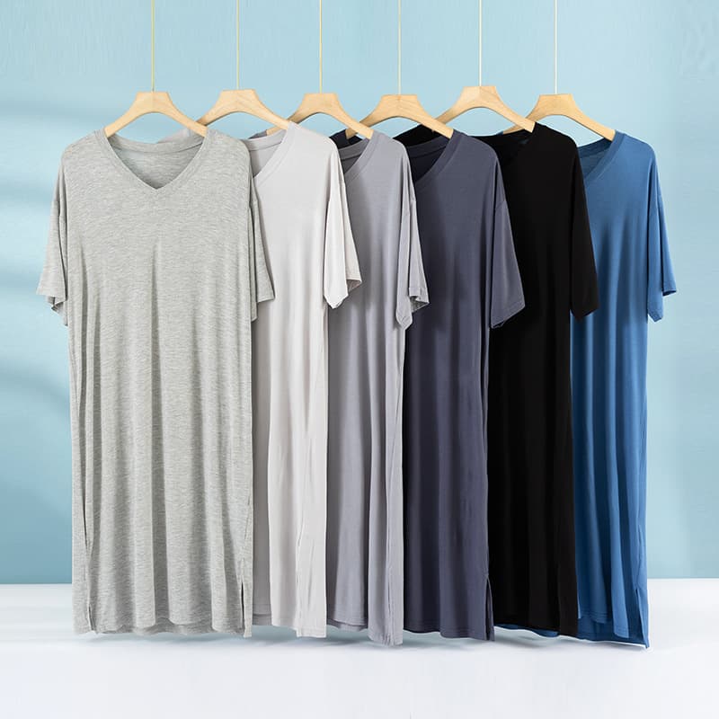 New Summer Modal Men's Nightgown Long Length Over Knee Short Sleeve V-Neck Mid-Length Robe Loose Fit Dress