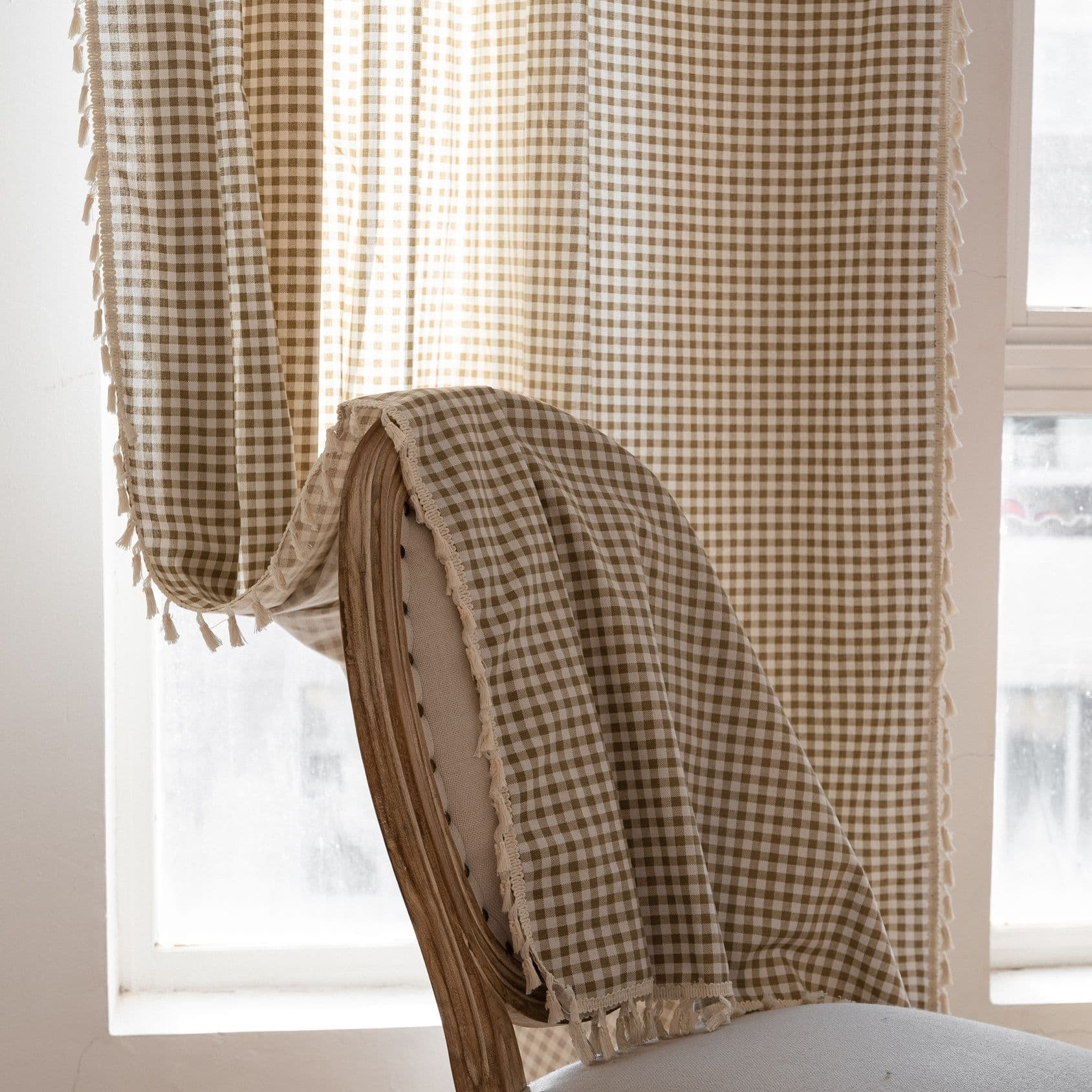 Cross-border Modern Minimalist Plaid Print Tassel Curtains Semi-sheer Decorative Balcony Curtain for Living Room Bedroom Factory Wholesale
