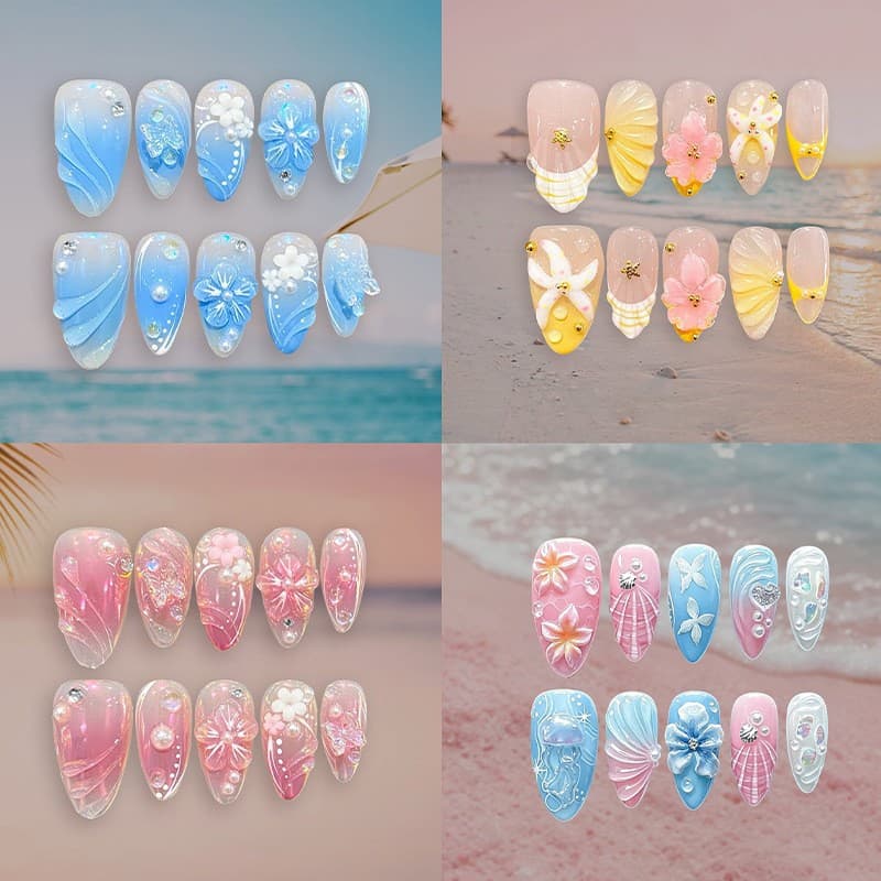 30 Pieces Cross-Border Premium Fishtail Pink 3D Embossed Blush Flower Almond Press-On Nails, Handcrafted Fine Art Nail Art
