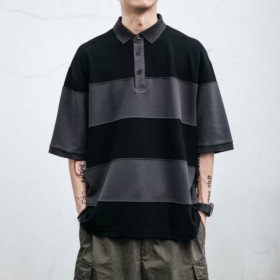 2023 New Summer Polo Shirt Color Blocking Collar Short Sleeves Casual Pocket Top Loose Fit Hong Kong Style