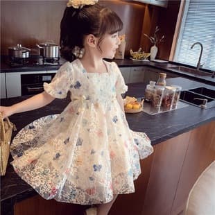 Girls Fashionable Princess Dress Summer 2024 New Style Kids Lace Dress Children Korean Version Mesh Tulle Dress