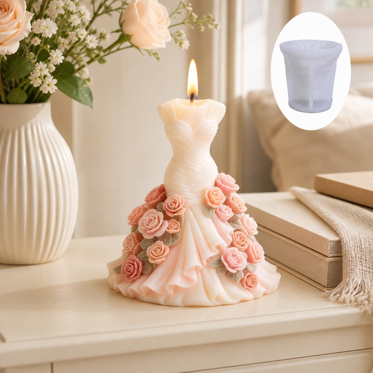 Wedding Dress Rose Skirt Silicone Mold Scented Candle Plaster Resin Handmade Soap Ornament DIY Mold