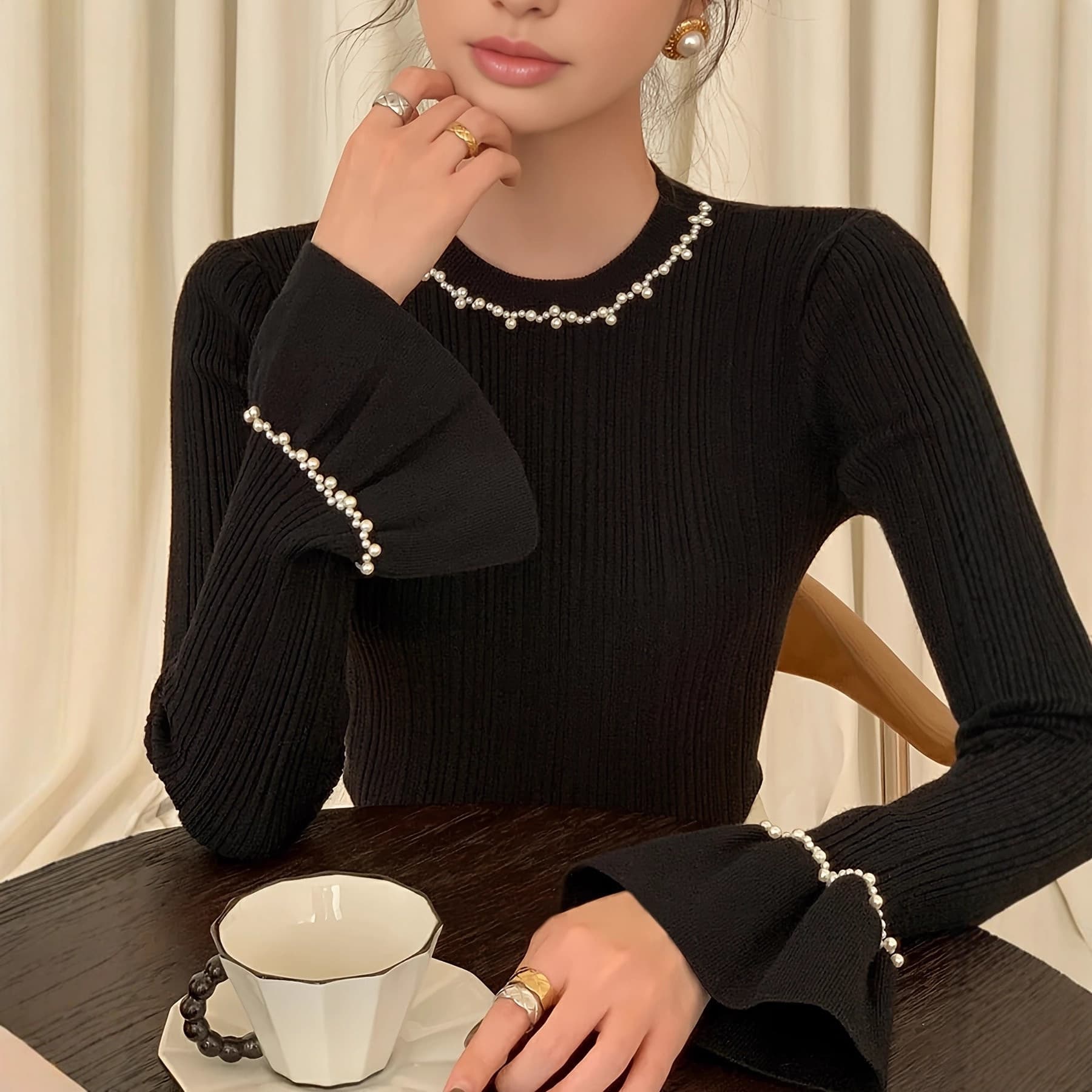 European and American cross-border autumn and winter new elegant knitted pullover solid color beaded temperament bottoming shirt can be worn alone or outside