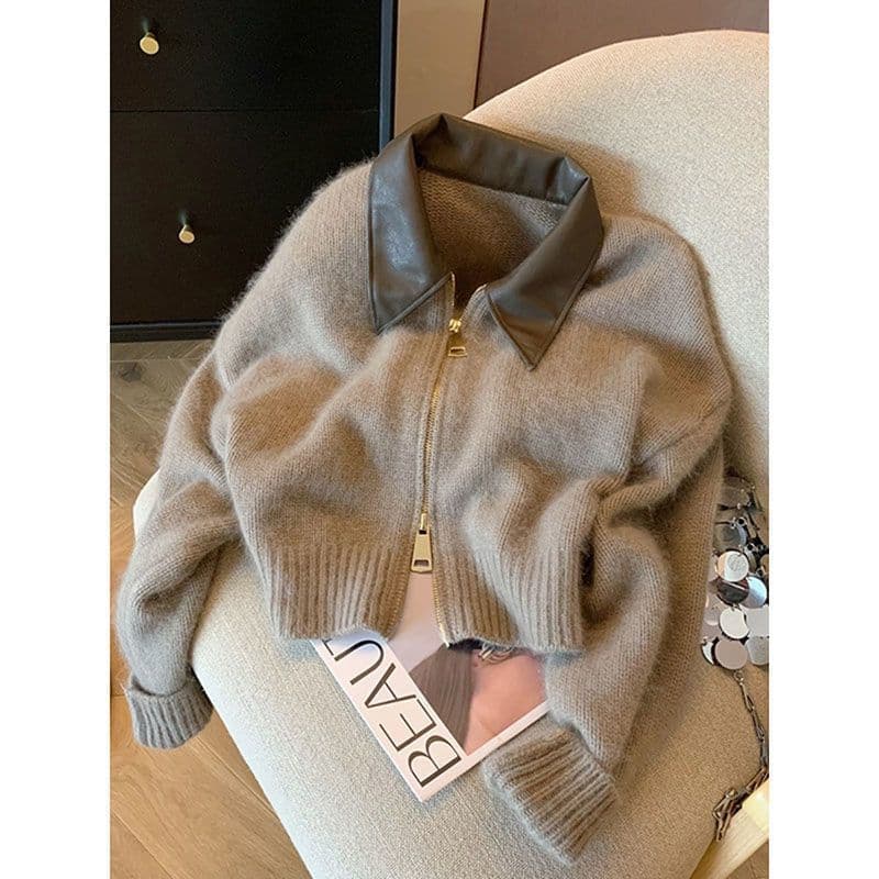 Women's Soft Vintage Knit Sweater with Contrast Polo Leather Collar and Double Zipper