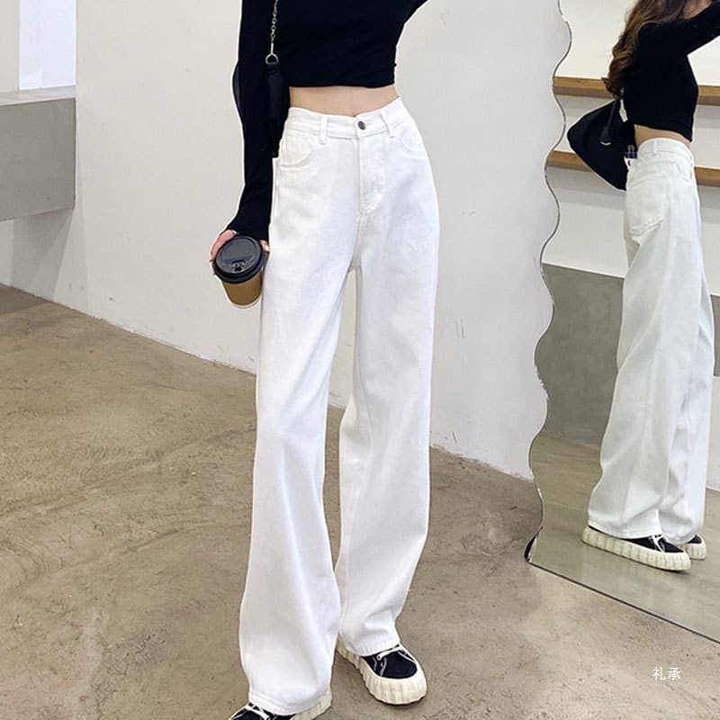 White denim wide-leg trousers for women with pear-shaped figures, high-waisted, loose, hip-covering, large-size, straight-leg floor-length trousers for small people