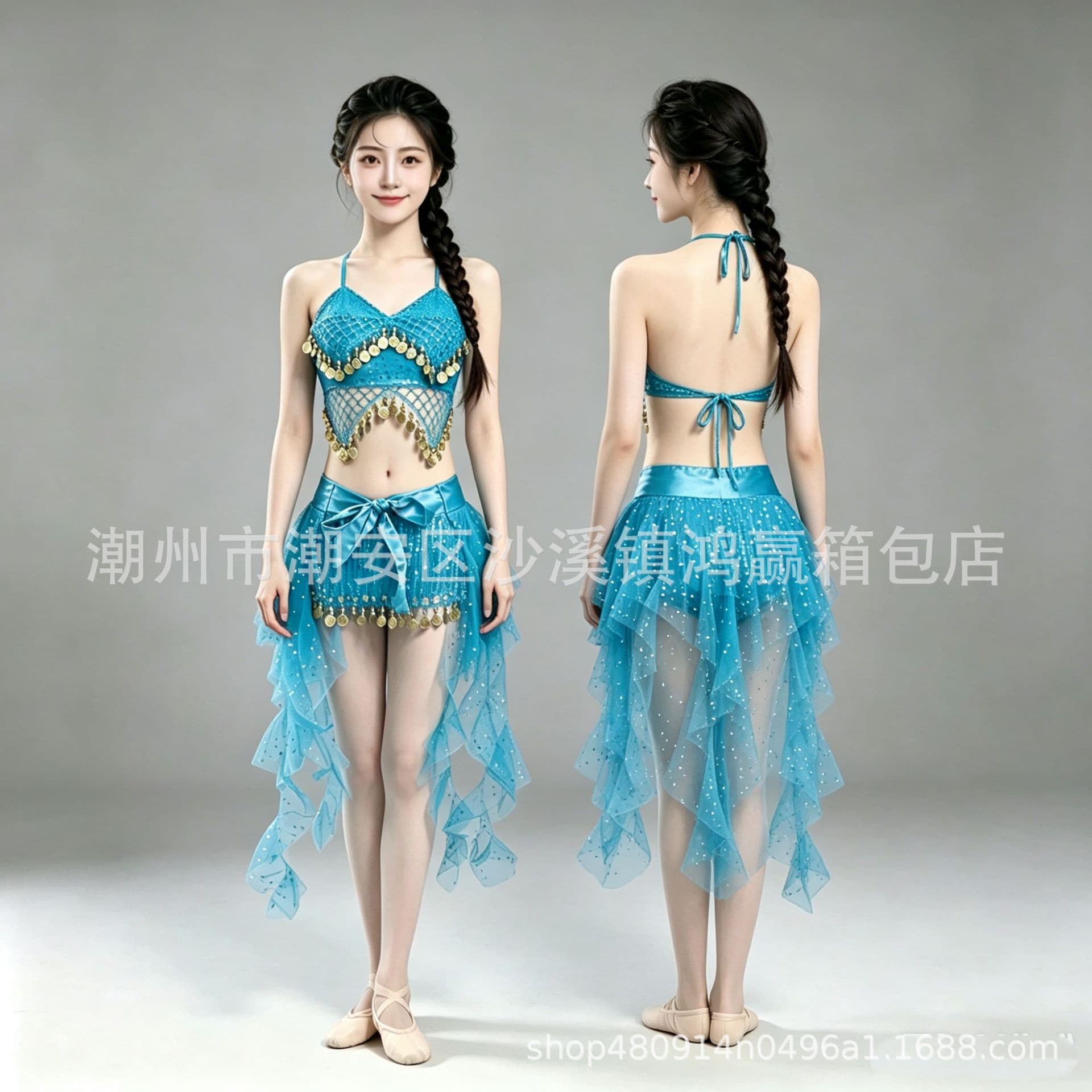 Cross-Border Hot Sequin Fringe Dance Costume Belly Dance Performance Outfit Mesh Nine-Tail Waist Scarf Set Lake Blue