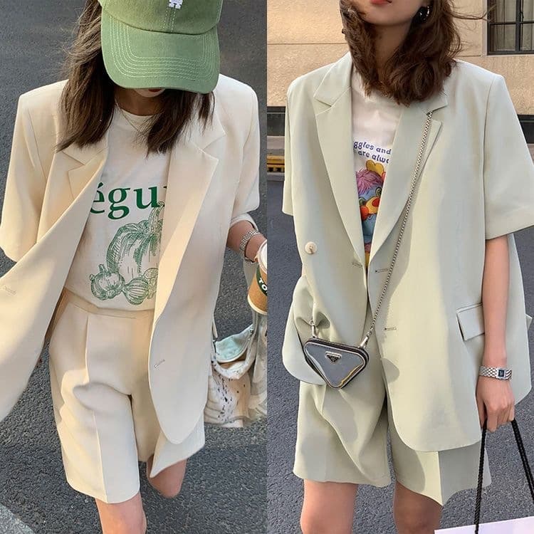Single piece/suit 2026 spring and summer thin casual loose short-sleeved suit jacket women's suit shorts two-piece set