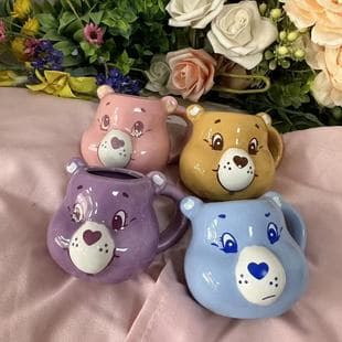 Export Hand-Painted Cute Rainbow Bear Ceramic Mug, Cartoon Gift for Couples, Water Cup Coffee Breakfast Cup
