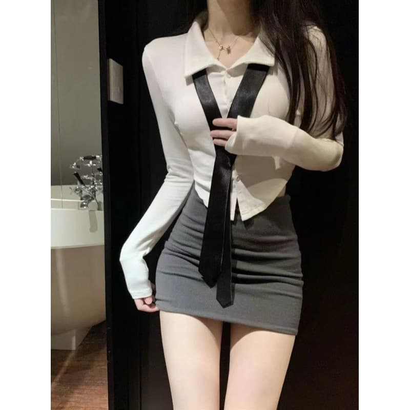 Summer Set: Pure Desire Waist-Tied White Shirt for Women, Slimming and Figure-Flattering Long-Sleeve Blouse with Bodycon Pencil Skirt