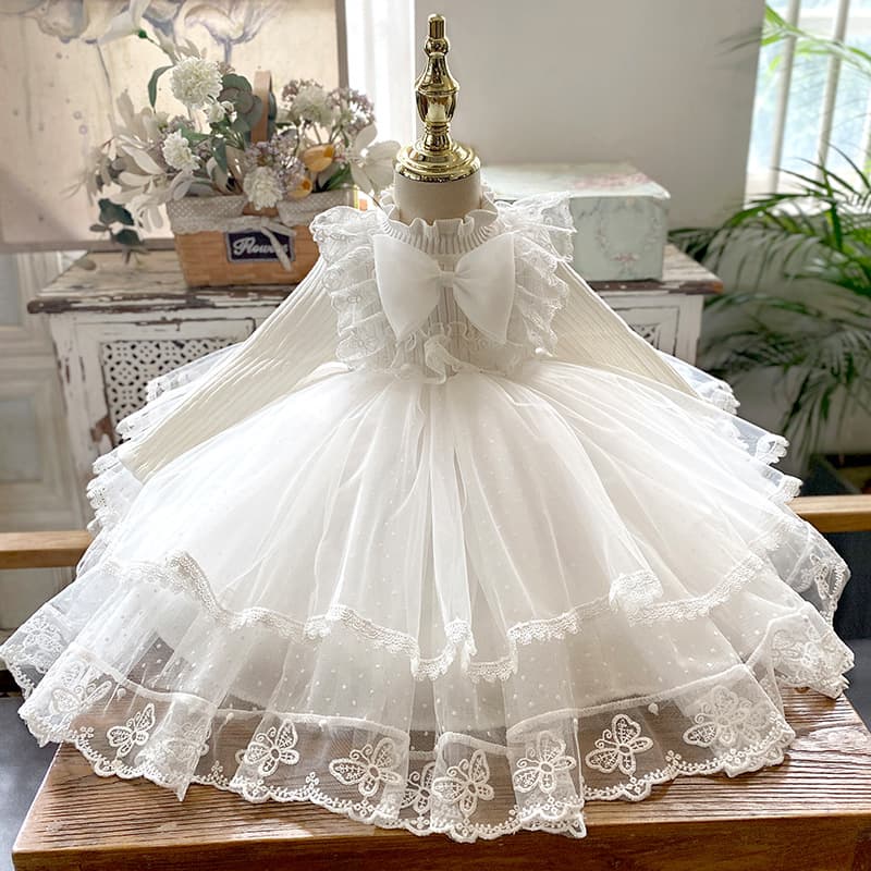 High-End White Knit Tutu Dress for 1-Year-Old Girl's Spring Birthday, Festival, and Performance, Princess Dress for Toddler