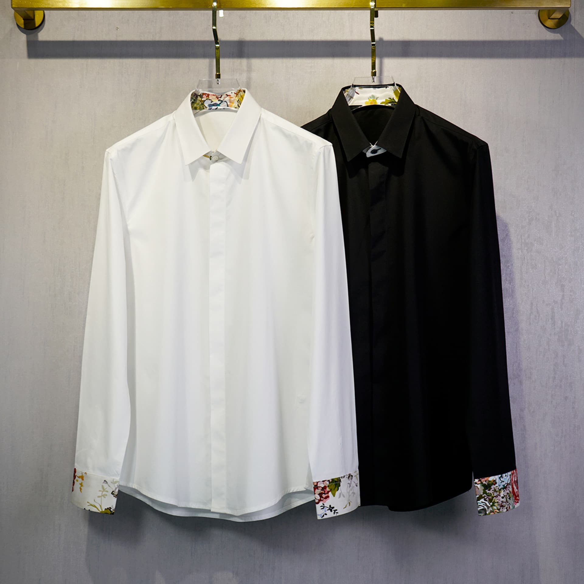Color-blocked lapel inner spliced floral sleeve outer spliced blended cotton slim-fit classic men's top
