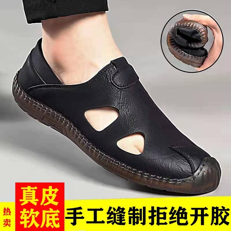 2026 Summer New Men's Genuine Leather Breathable Leather Sandals Hand-Stitched Casual Hole Sandals