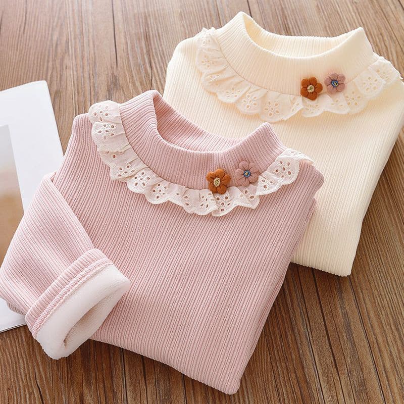 Girls' Winter Base Layer Thermal Top with Fleece Lining, Half High Collar with Lace Trim, Knit Jacquard T-Shirt for Girls