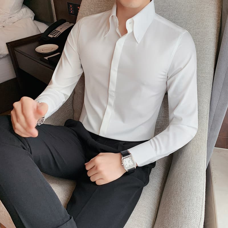 Men's Long-Sleeve Shirt with Big Point Collar, Wrinkle-Free, Korean Style Concealed Placket, Casual Fit