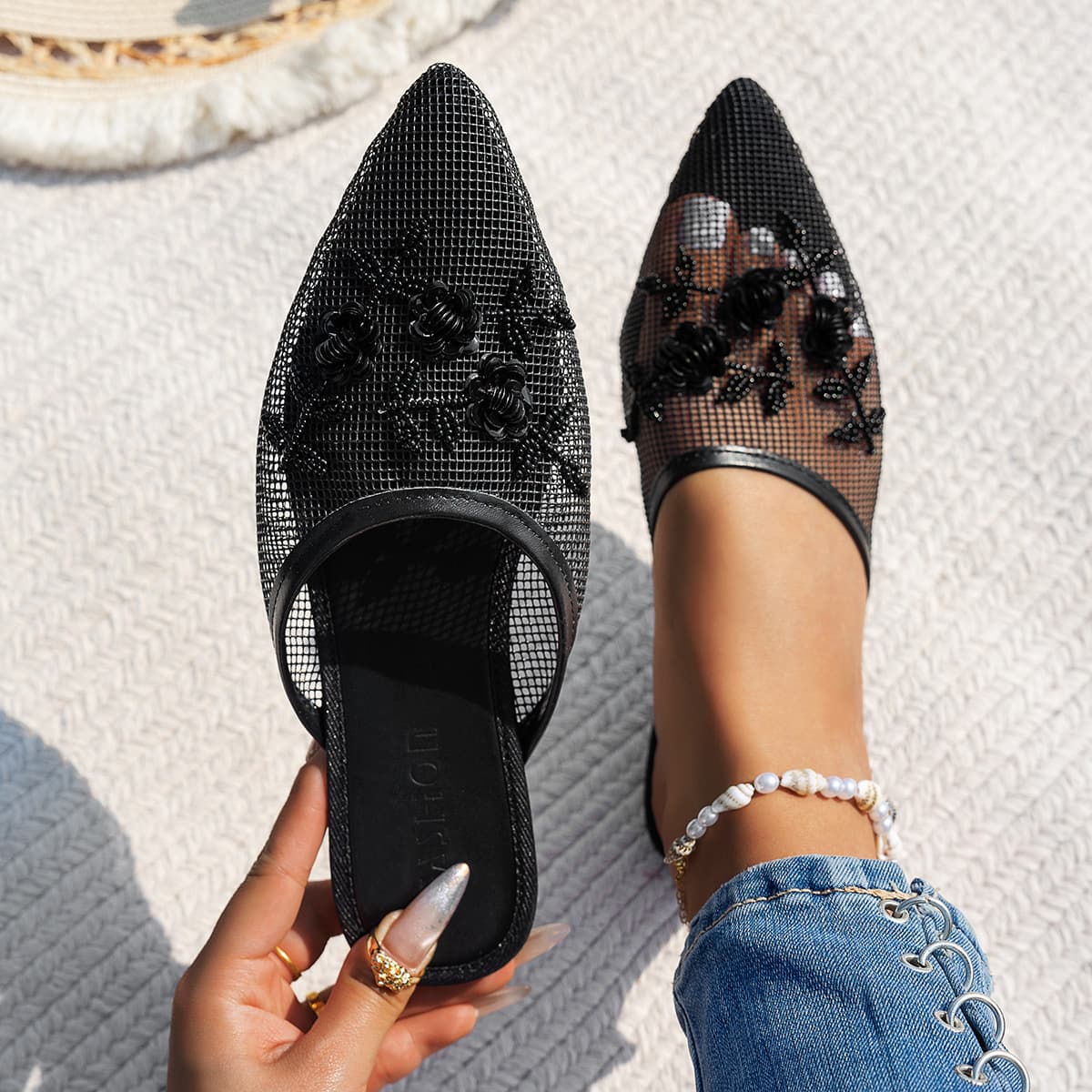 Mesh embroidery home shoes European and American style half-toe Mule slippers leather heelless toe flats elegant slippers