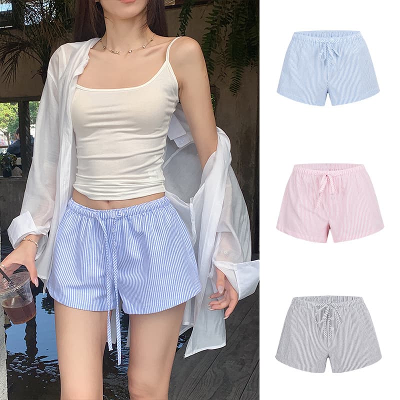 Queen of Magic Striped Button Drawstring Low Waist Shorts Women's Beach Loose Summer Versatile Casual Bottoming Home Pants