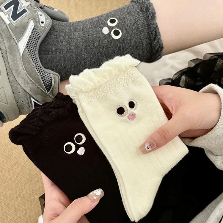 Women's Seamless Lace Ruffle Stacked Socks, Autumn Winter Ribbed Moisture-Wicking Socks, Cute Cartoon Big Eyes Mid-Calf Socks