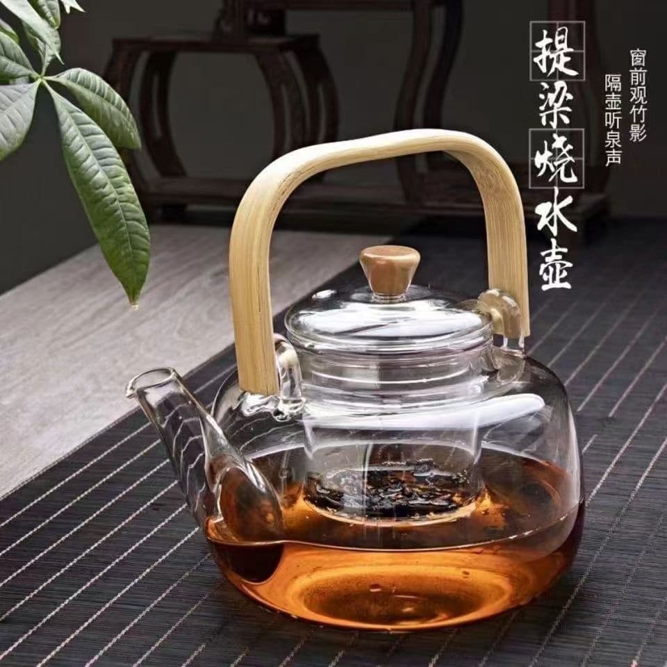 Heat-Resistant Glass Brewing Teapot, Bamboo Handle Hanging Pot, Health Tea Set for Home Use, Complete Set