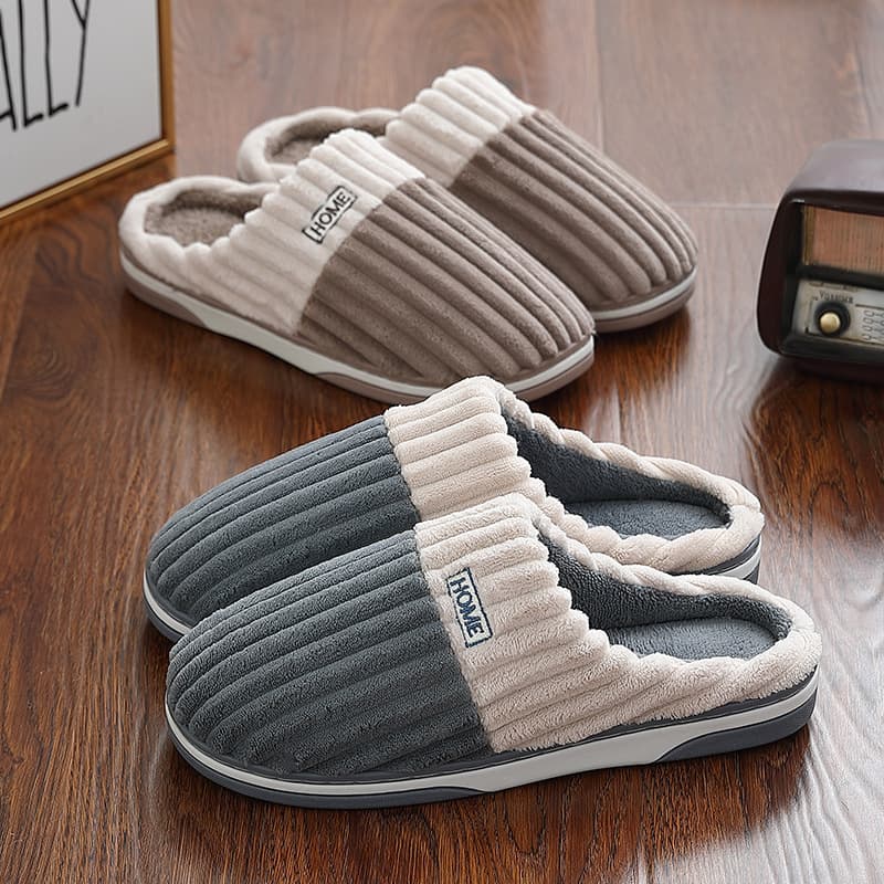 Home Cotton Slippers Women Winter Large Size Stripe Fleece Slippers Men Indoor Home Fleece Warm Cotton Slippers Men Wholesale