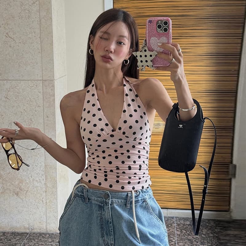 Cross-border Trade Pure Desire Polka Dot Halter Neck Camisole Top Women's Summer Sexy Lace-up Slim Fit Bodysuit