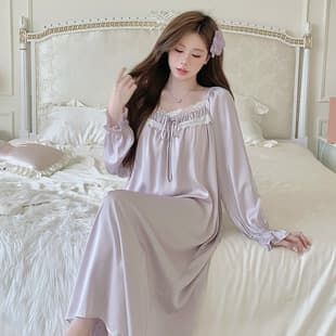 Long Dress with Bra Pad Sleepwear, Women's Long Sleeve Lace Trim V-Neck Stretch Satin Ice Silk Nightgown, Extra Long