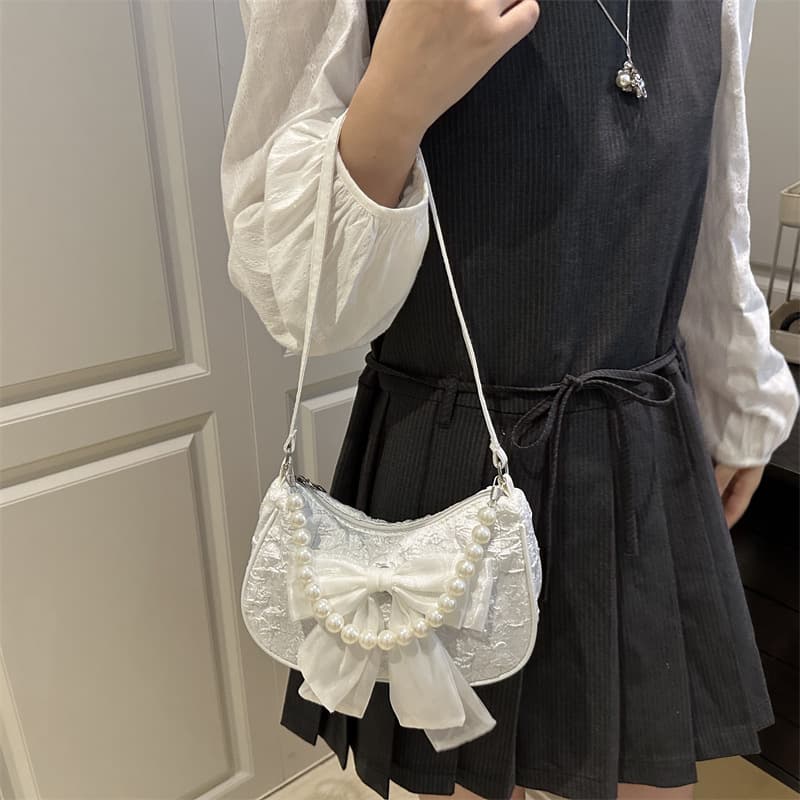 Fresh Style Bow Bag 2025 New Fashion Pearl Small Bag Minimalist Trendy Women's Underarm Single Shoulder Crossbody Bag