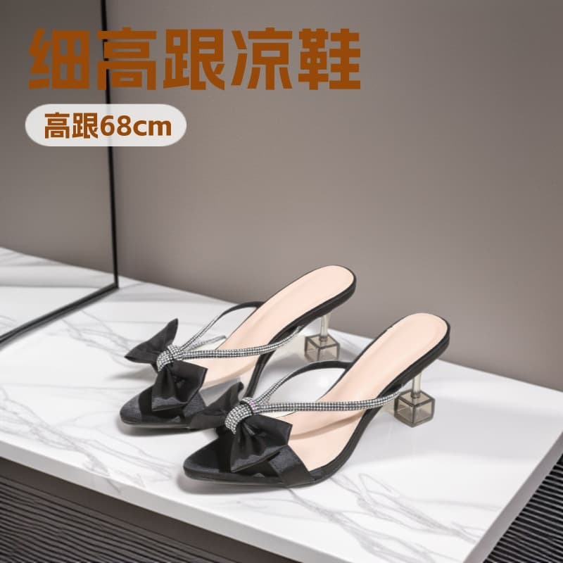 Summer Thin Heel High Heel Black Bow Pointed Toe Closed Toe Sandals Black Rhinestone Versatile Soft Sole Women