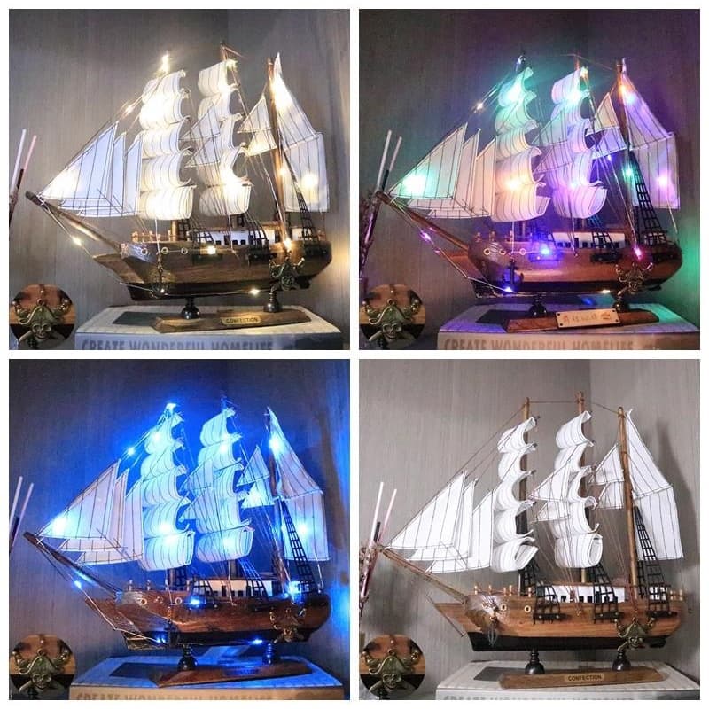 Chinese Style Solid Wood Smooth Sailing Handicraft with Light Sailboat Model Ornament Living Room Miniature Birthday Gift