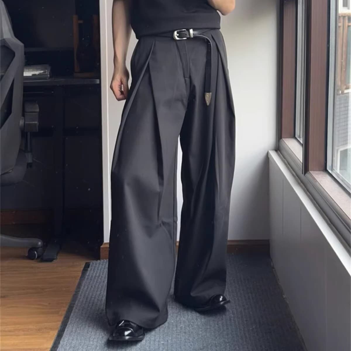 Men's 2025 Summer Loose-Fitting Double-Pleated A-Line Trousers with Draping Effect and Unique Pleated Design, Casual Floor-Length Pants