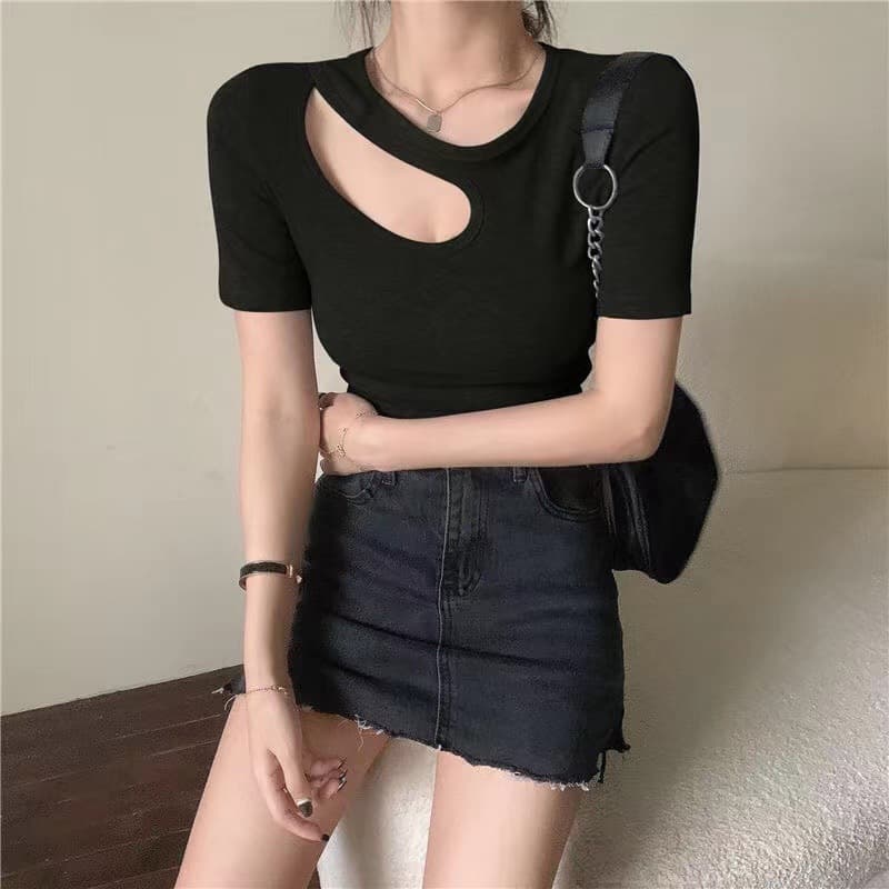 Irregular Design Short-Sleeved Hollow-Out T-Shirt for Women, Korean Style Slim Fit Sweet and Spicy Style Short Women's Top, Cross-Border Wholesale