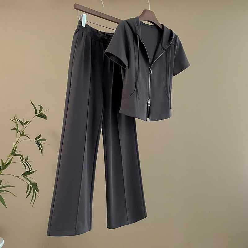 European Style Casual Sportswear Set for Women Summer 2025 New Slimming Elegant Cardigan Short Sleeve Top Wide Leg Pants #904