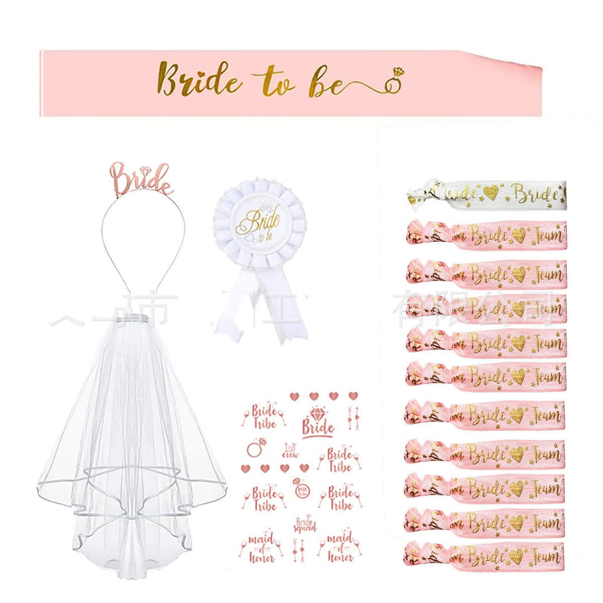 Cross-border Bride-to-Be Veil Set, Bachelorette Party Bride Gold Foil Shoulder Strap, Rose Gold Headband, Temporary Tattoo Stickers