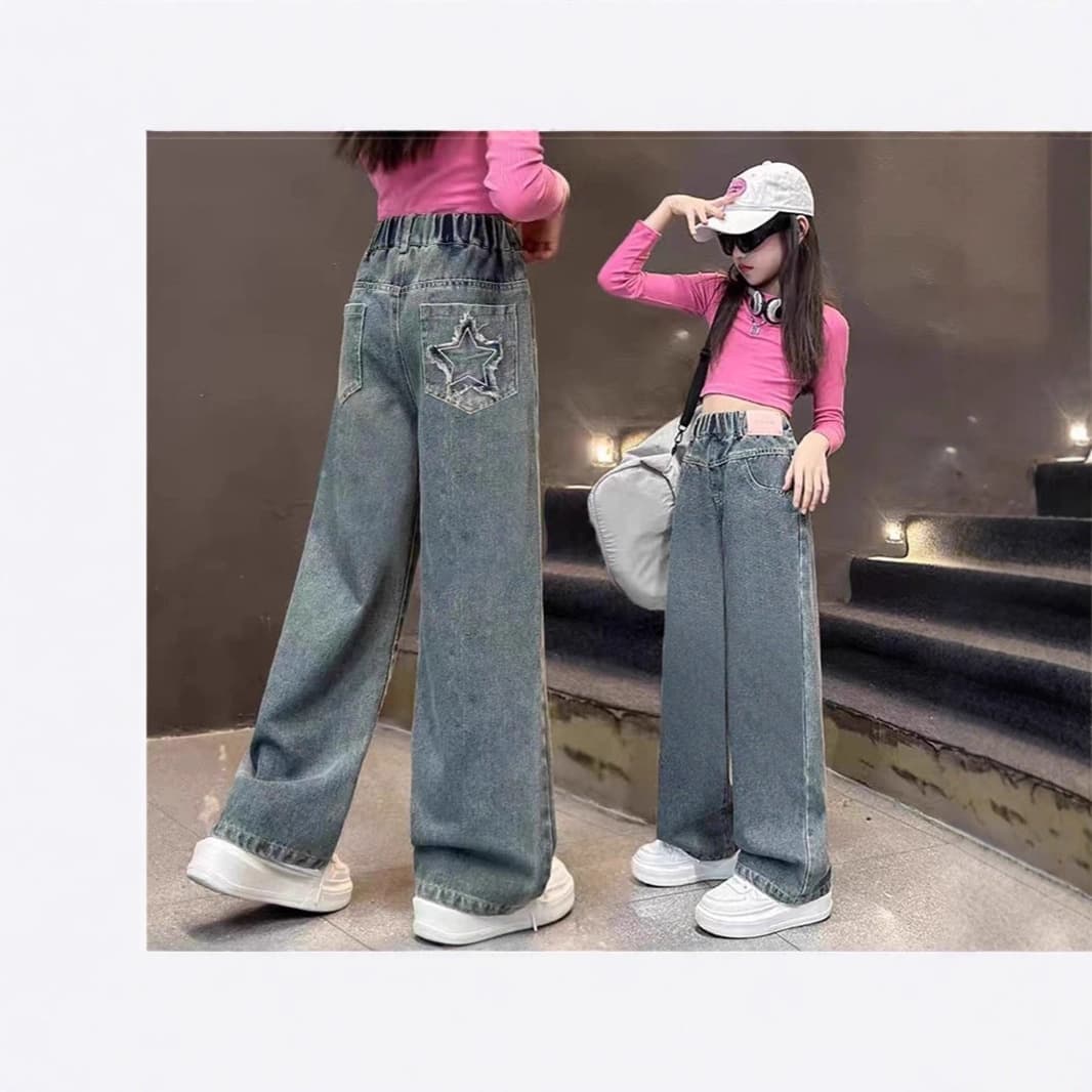 Girls' Denim Wide-Leg Pants 2026 Spring/Autumn Style, Casual Jeans for Students, Middle and Older Children, Factory Wholesale