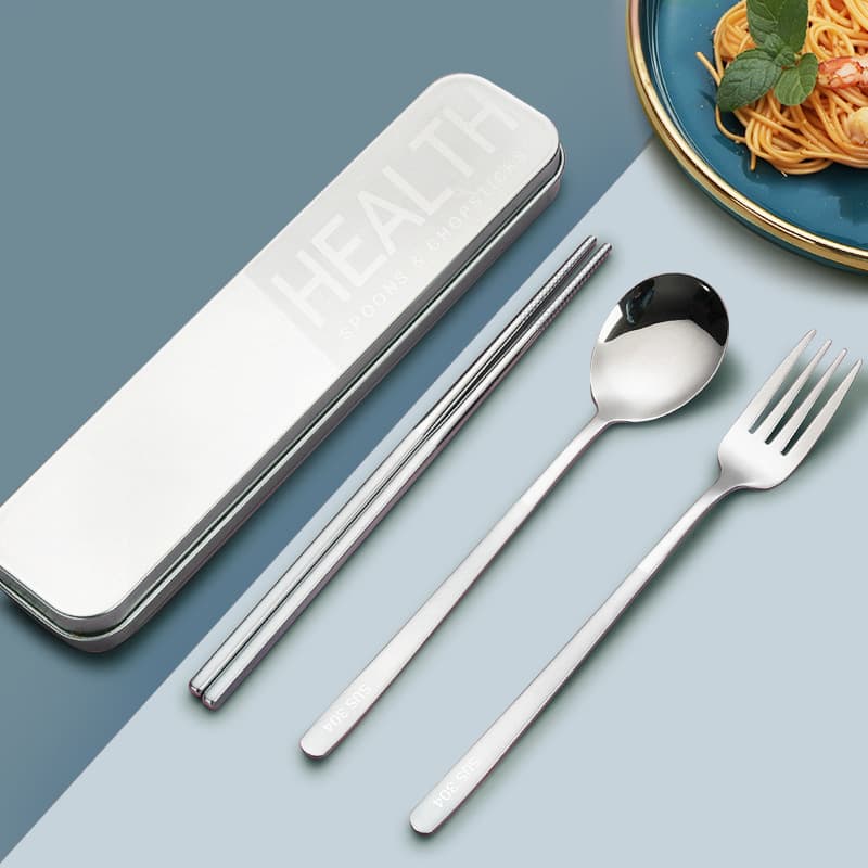 304 Stainless Steel Chopsticks and Spoon Student Set, Fork Spoon Single Portable Cutlery Set with Storage Box, 3-Piece Set