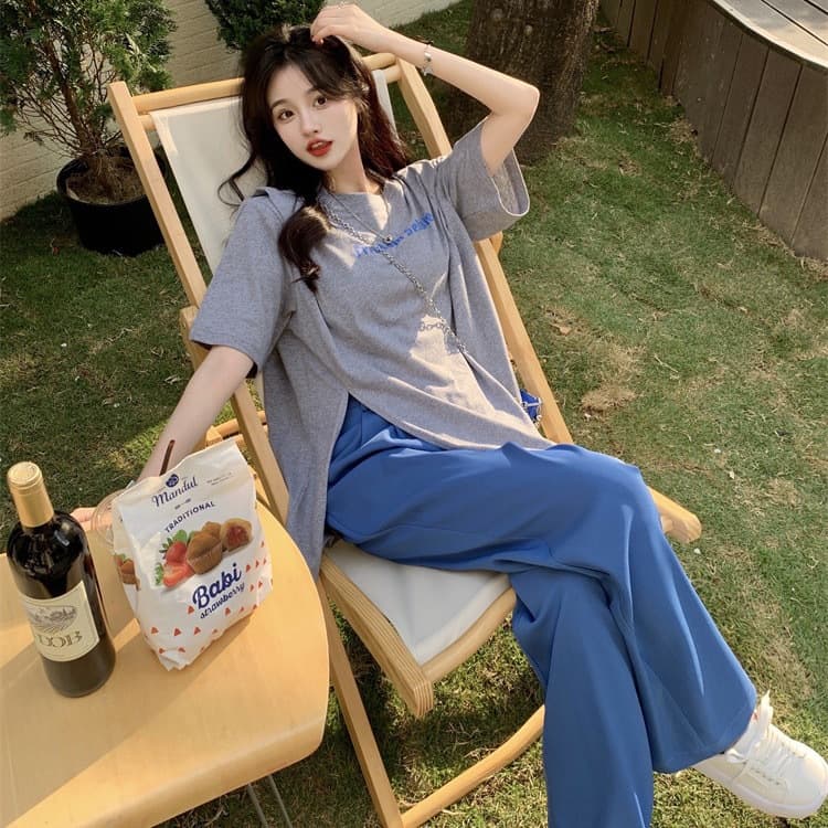 Summer Women's Slimming Matching Outfit Set Street Style Petite Fashion Top and Wide-Leg Pants Two-Piece Set