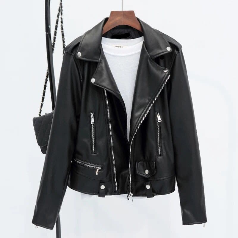 Slim Fit Black PU Biker Jacket Women's Short Coat Korean Style Large Size Wholesale Fashion Commute Style Long Sleeve Zipper