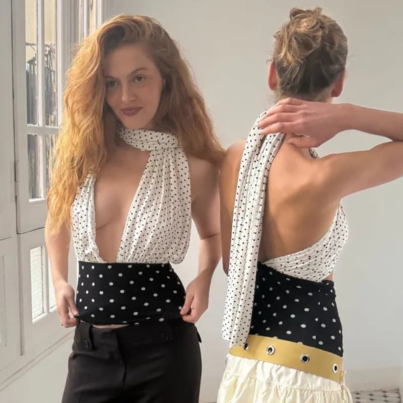 European and American sexy polka dot low-cut T-shirt with scarf-style design, slim fit, backless, versatile women's top