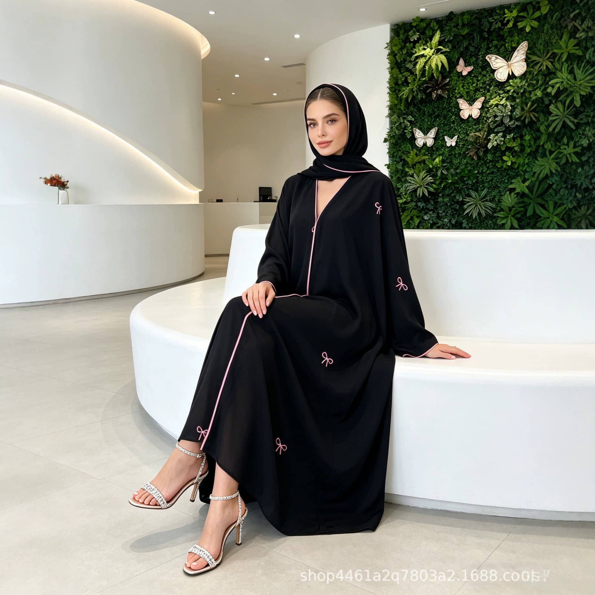 Bow embroidered long-sleeved dress cross-border cardigan elegant embroidered long skirt dress hijab women's clothing